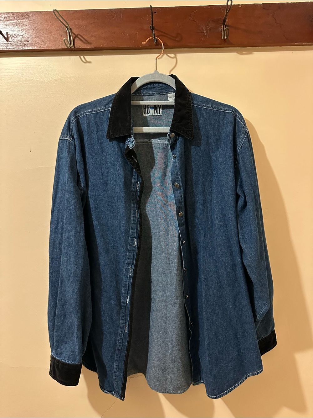 Vintage Dark Denim Button-Down Shirt with Black Corduroy Trim